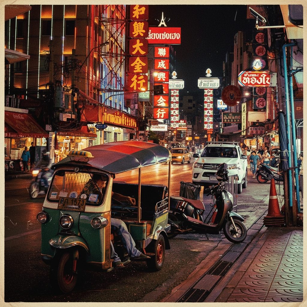 Neon signs and a tuk-tuk in Bangkok's Chinatown